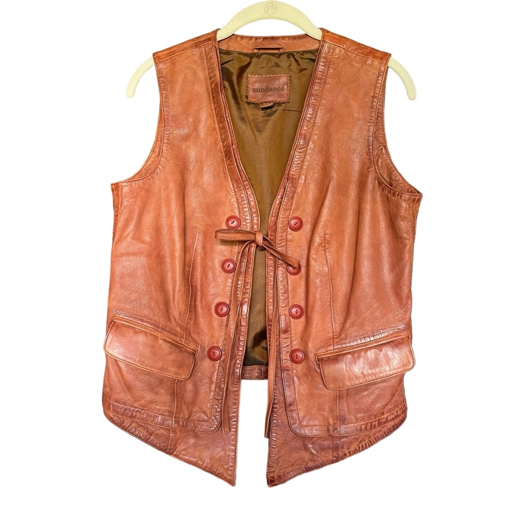 Sundance Rustic Brown Leather Button Front Vest - Picture 4 of 16
